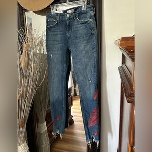 Zara WomenPremium Denim Jeans Size 4 Red Feather Embroidered Distressed Raw Hem